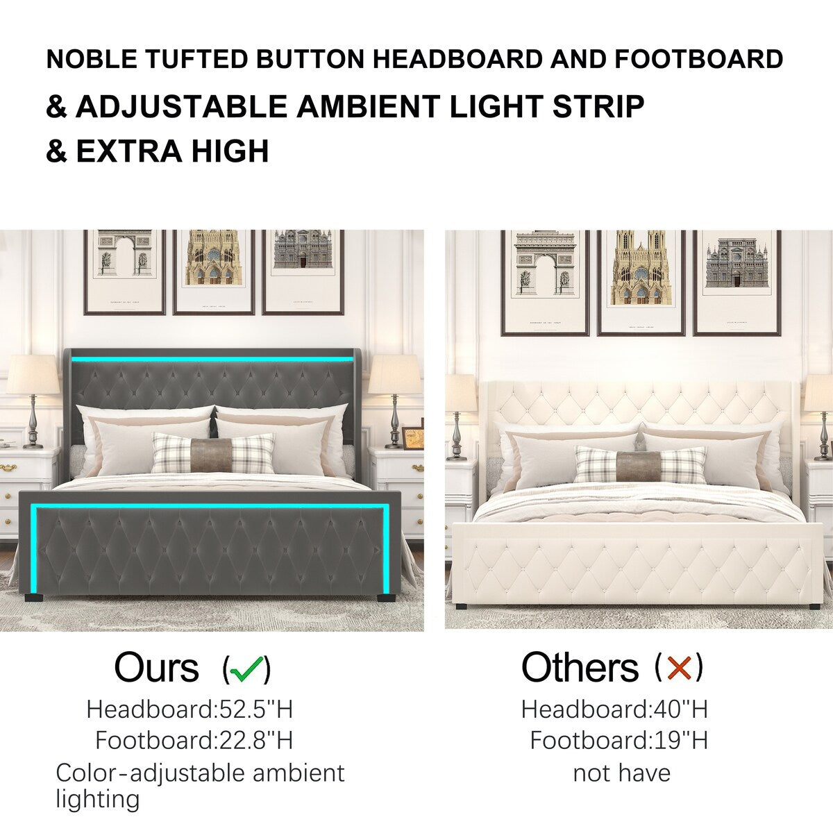 King Platform Bed Frame with Adjustable Colorful Lighted Strip Headboard