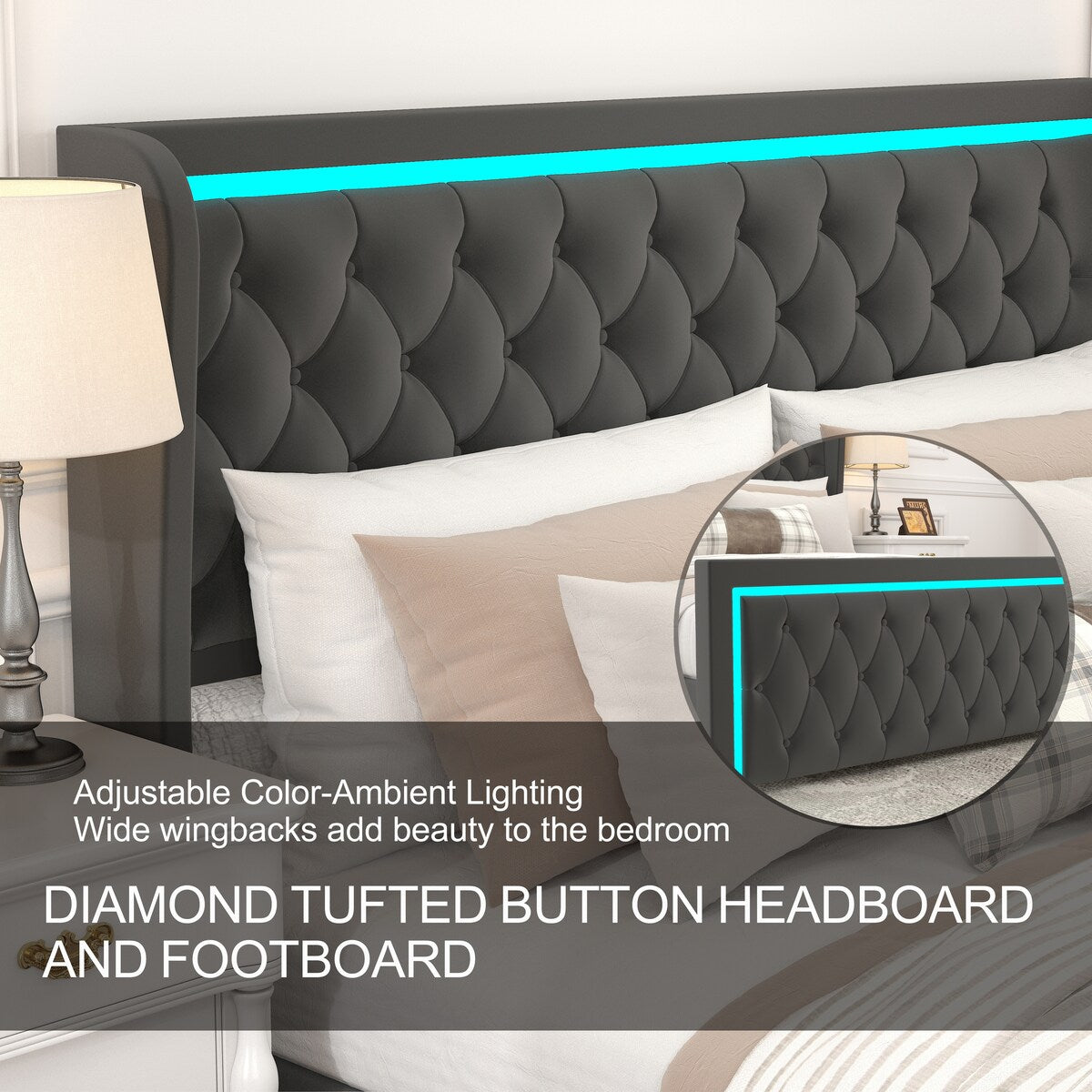 King Platform Bed Frame with Adjustable Colorful Lighted Strip Headboard