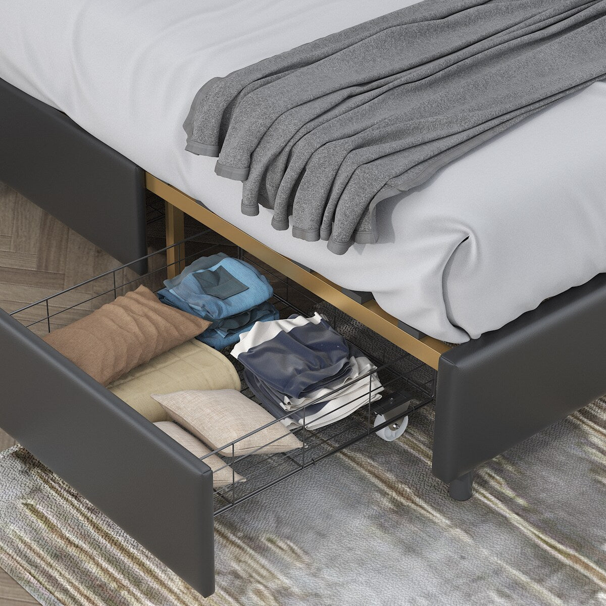 King Platform Bed w/ Steamed Bread Shaped Headboard & Drawer, Black