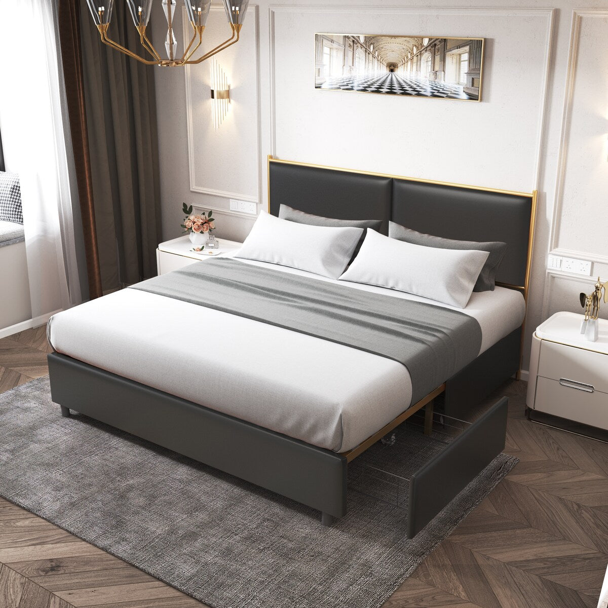 King Platform Bed w/ Steamed Bread Shaped Headboard & Drawer, Black