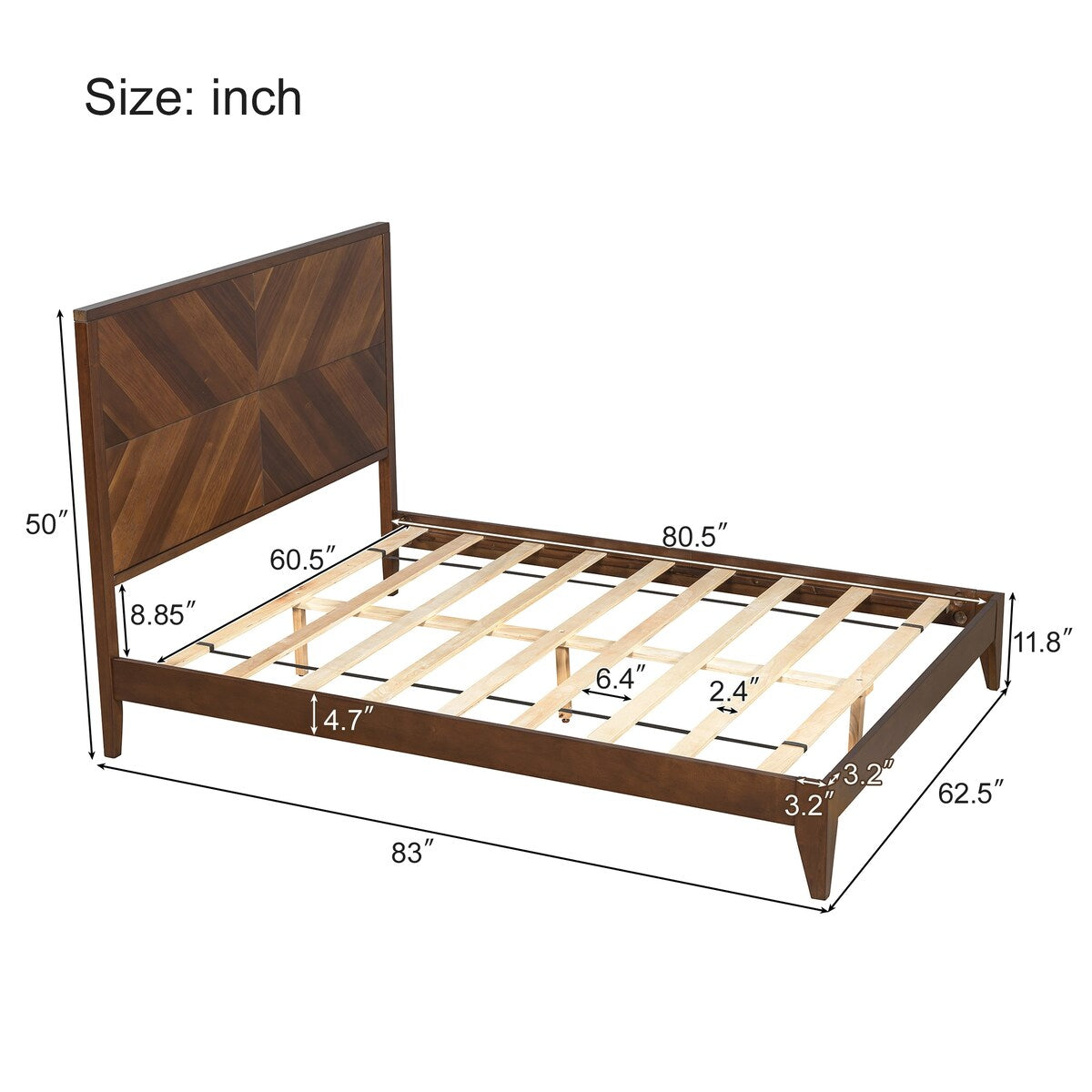 King/Queen/Full Walnut Platform Bed with Slat Supports for Bedroom