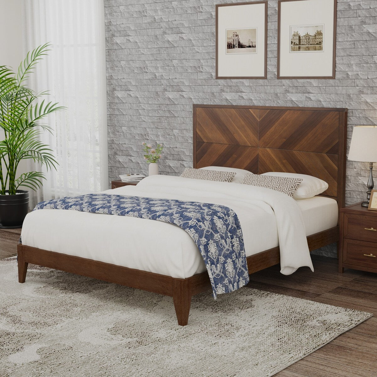 King/Queen/Full Walnut Platform Bed with Slat Supports for Bedroom