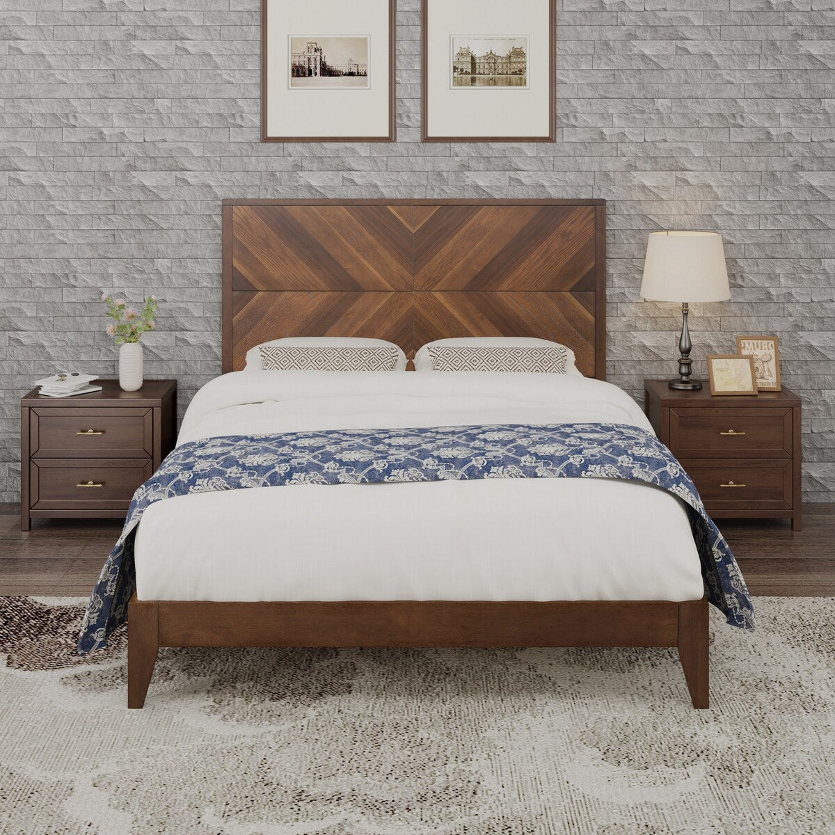 King/Queen/Full Walnut Platform Bed with Slat Supports for Bedroom