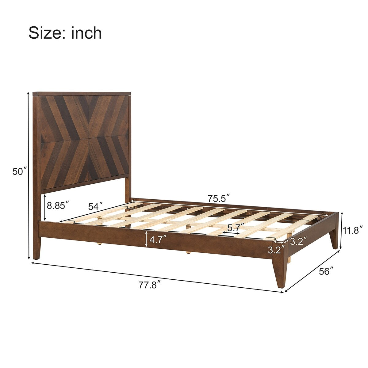 King/Queen/Full Walnut Platform Bed with Slat Supports for Bedroom