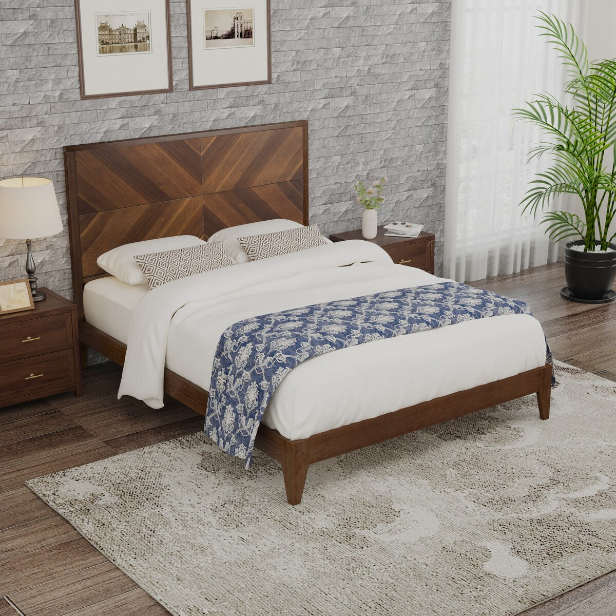 King/Queen/Full Walnut Platform Bed with Slat Supports for Bedroom