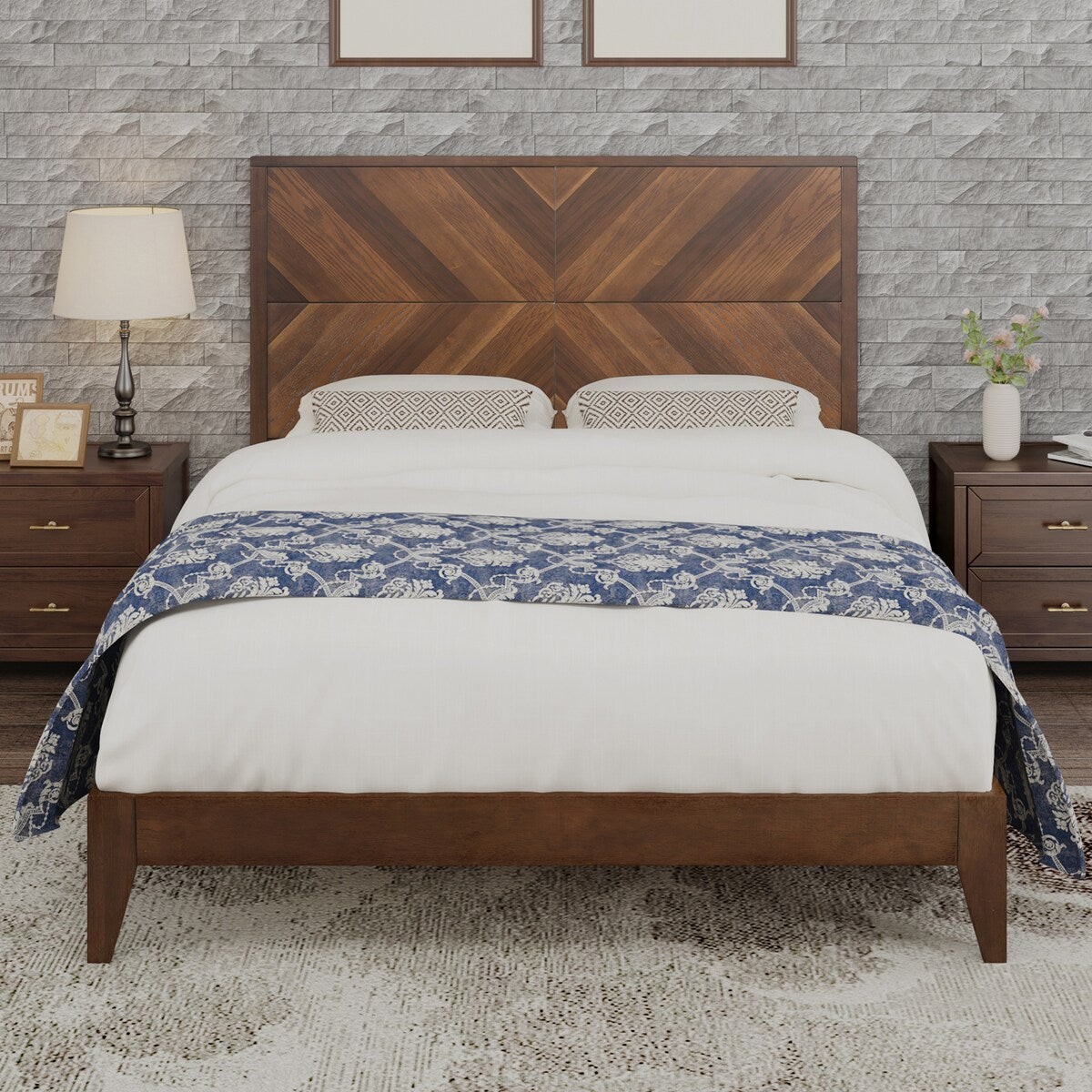 King/Queen/Full Walnut Platform Bed with Slat Supports for Bedroom