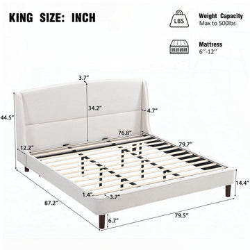 King Size Bed Frame Upholstered Platform Bed with Wingback Headboard