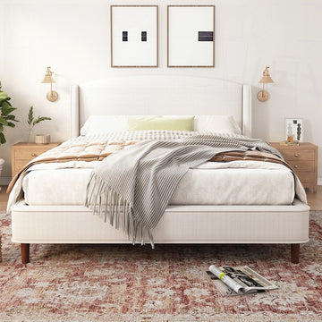 King Size Bed Frame Upholstered Platform Bed with Wingback Headboard