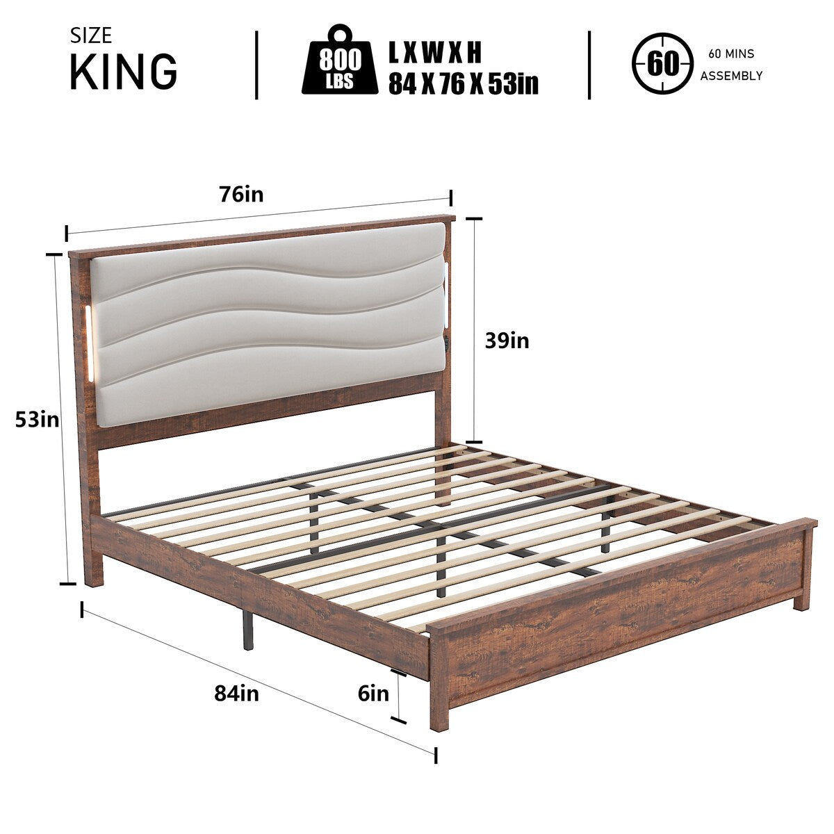 King Size Bed Frame with Upholstered Headboard, King Bed Frame with Charging Station and LED Lights, Wood Slats, Dark Gray Linen