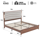 King Size Bed Frame with Upholstered Headboard, King Bed Frame with Charging Station and LED Lights, Wood Slats, Dark Gray Linen