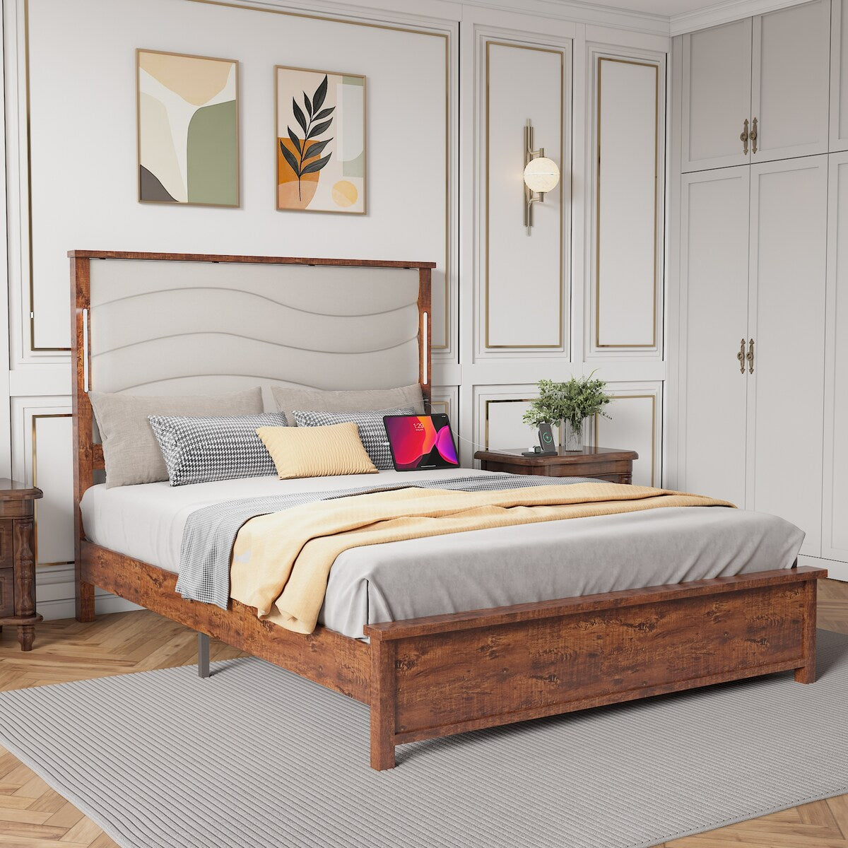 King Size Bed Frame with Upholstered Headboard, King Bed Frame with Charging Station and LED Lights, Wood Slats, Dark Gray Linen
