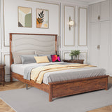 King Size Bed Frame with Upholstered Headboard, King Bed Frame with Charging Station and LED Lights, Wood Slats, Dark Gray Linen