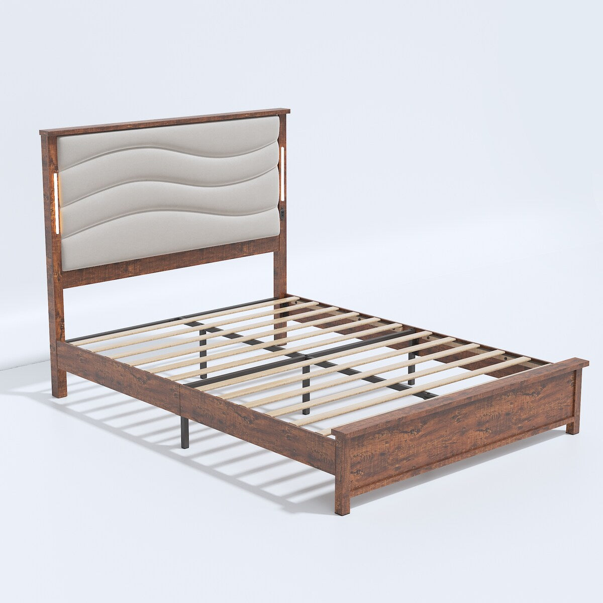 King Size Bed Frame with Upholstered Headboard, King Bed Frame with Charging Station and LED Lights, Wood Slats, Dark Gray Linen