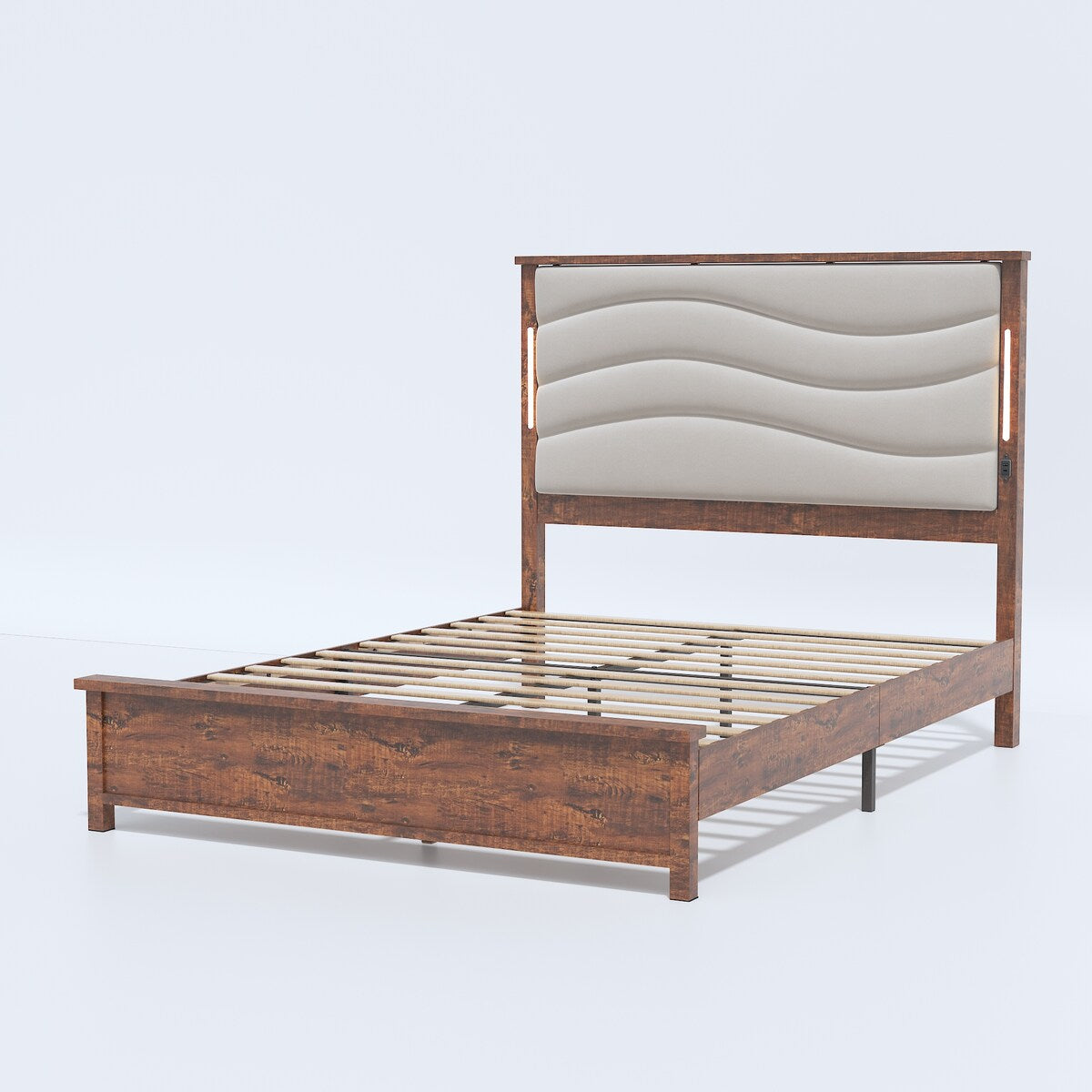 King Size Bed Frame with Upholstered Headboard, King Bed Frame with Charging Station and LED Lights, Wood Slats, Dark Gray Linen