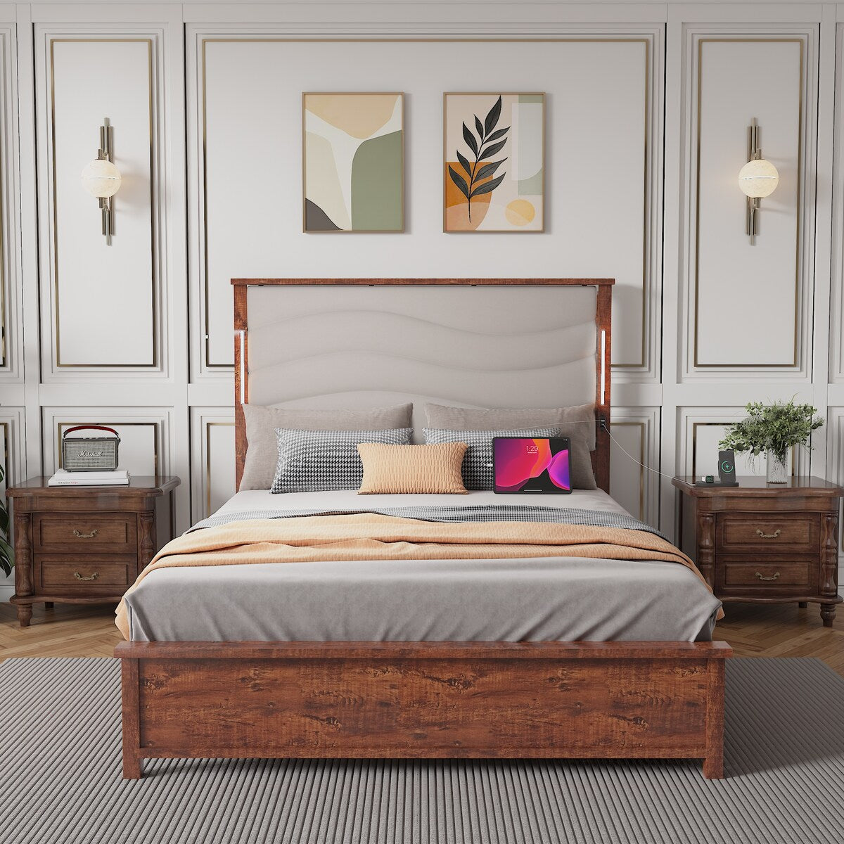 King Size Bed Frame with Upholstered Headboard, King Bed Frame with Charging Station and LED Lights, Wood Slats, Dark Gray Linen