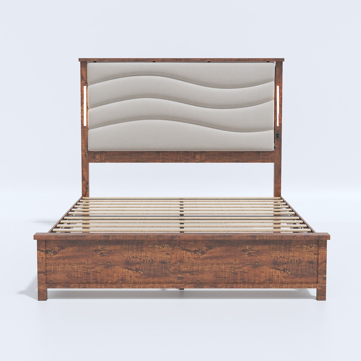 King Size Bed Frame with Upholstered Headboard, King Bed Frame with Charging Station and LED Lights, Wood Slats, Dark Gray Linen