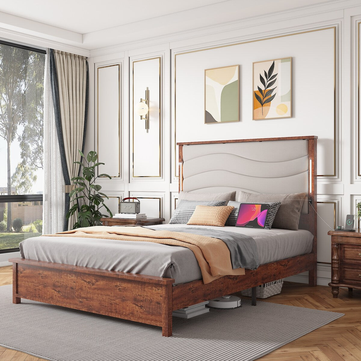 King Size Bed Frame with Upholstered Headboard, King Bed Frame with Charging Station and LED Lights, Wood Slats, Dark Gray Linen
