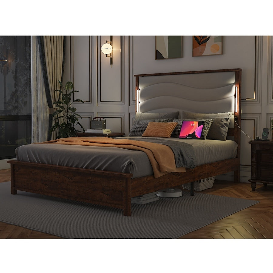 King Size Bed Frame with Upholstered Headboard, King Bed Frame with Charging Station and LED Lights, Wood Slats, Dark Gray Linen