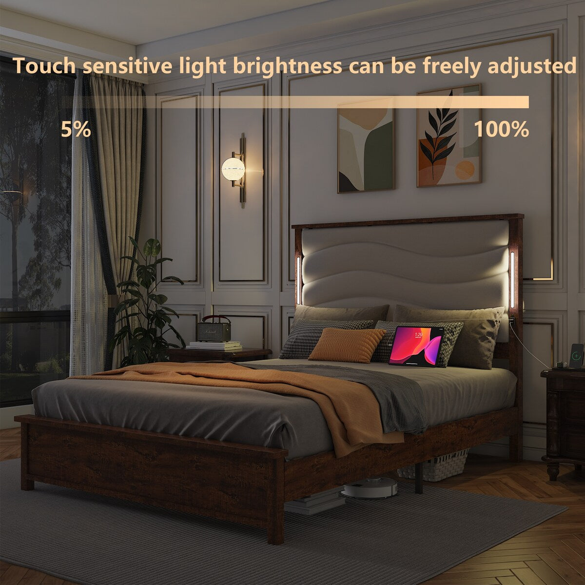 King Size Bed Frame with Upholstered Headboard, King Bed Frame with Charging Station and LED Lights, Wood Slats, Dark Gray Linen