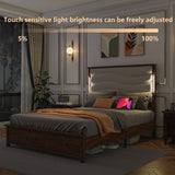 King Size Bed Frame with Upholstered Headboard, King Bed Frame with Charging Station and LED Lights, Wood Slats, Dark Gray Linen