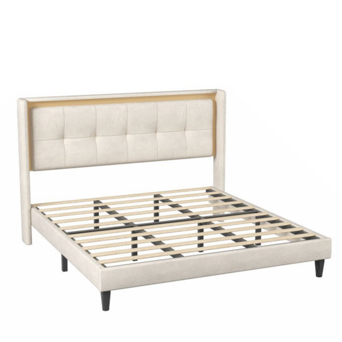 King Size Bed Frame with Upholstered Headboard, Strong Frame