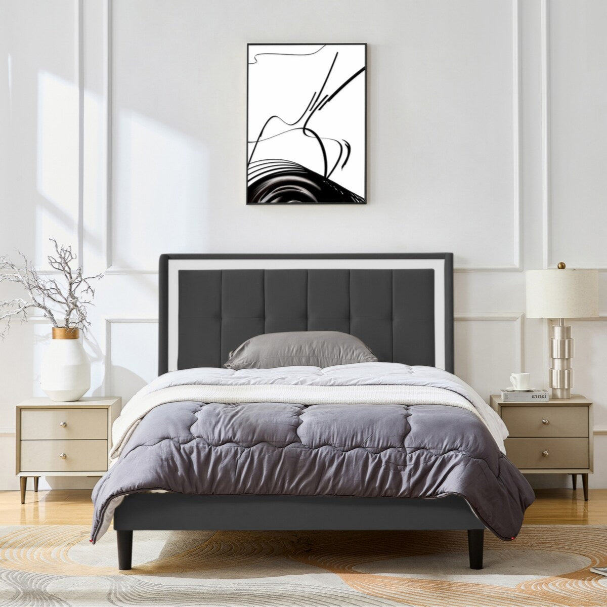 King Size Bed Frame with Upholstered Headboard, Strong Frame