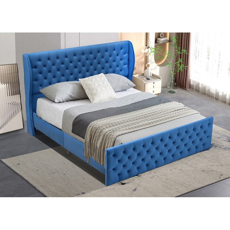 King Size Button Upholstered Tufted Headboard Wood Slat Suppor Wingback Velvet Bed