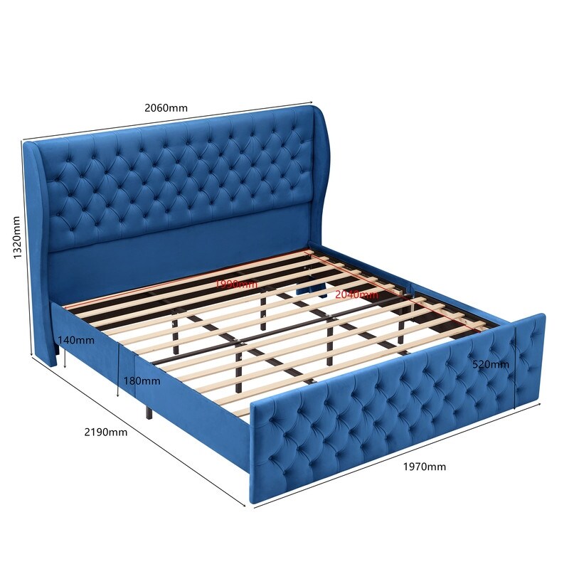King Size Button Upholstered Tufted Headboard Wood Slat Suppor Wingback Velvet Bed