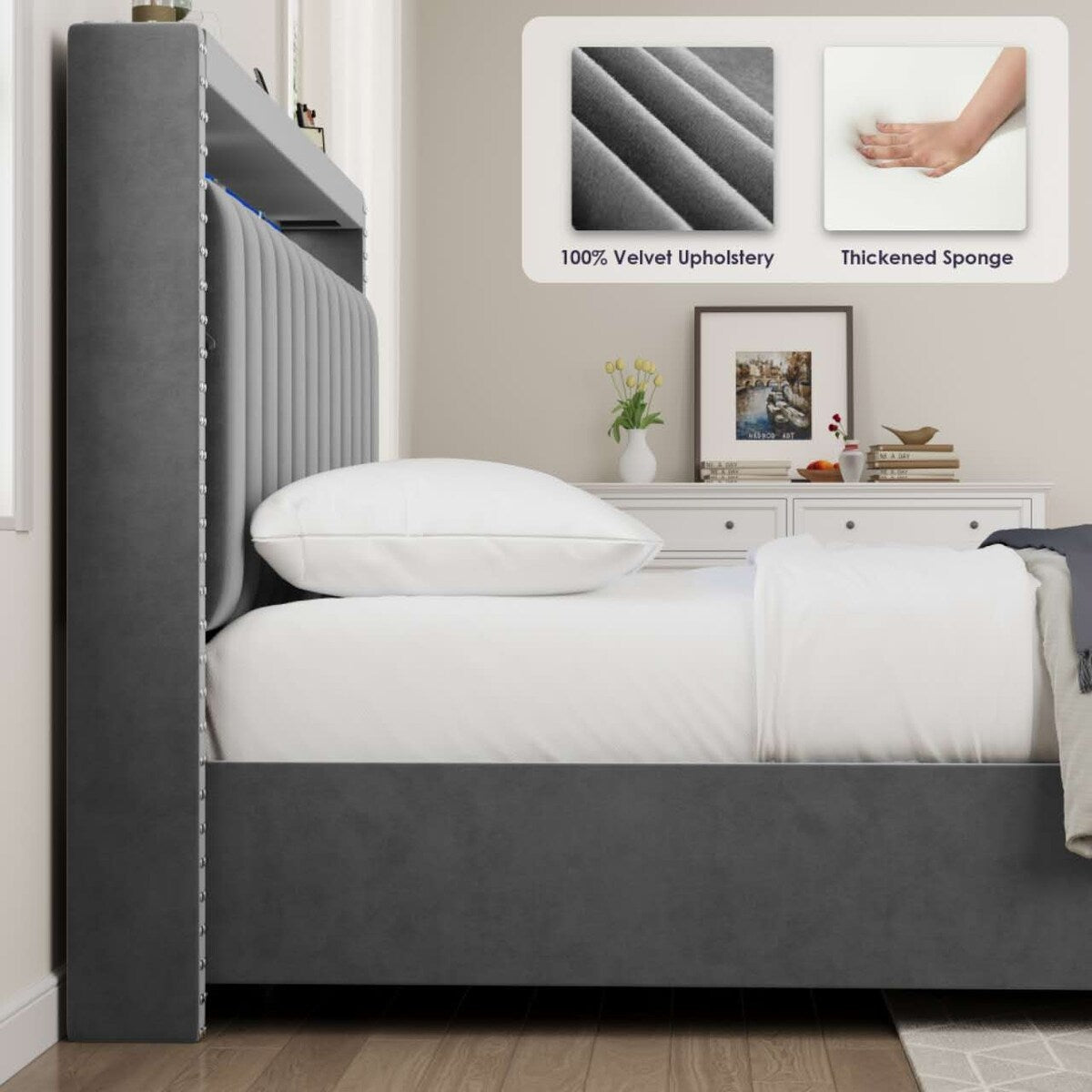 King Size Lift Storage Bed Platform Bed with LED Lights,Storage Headboard