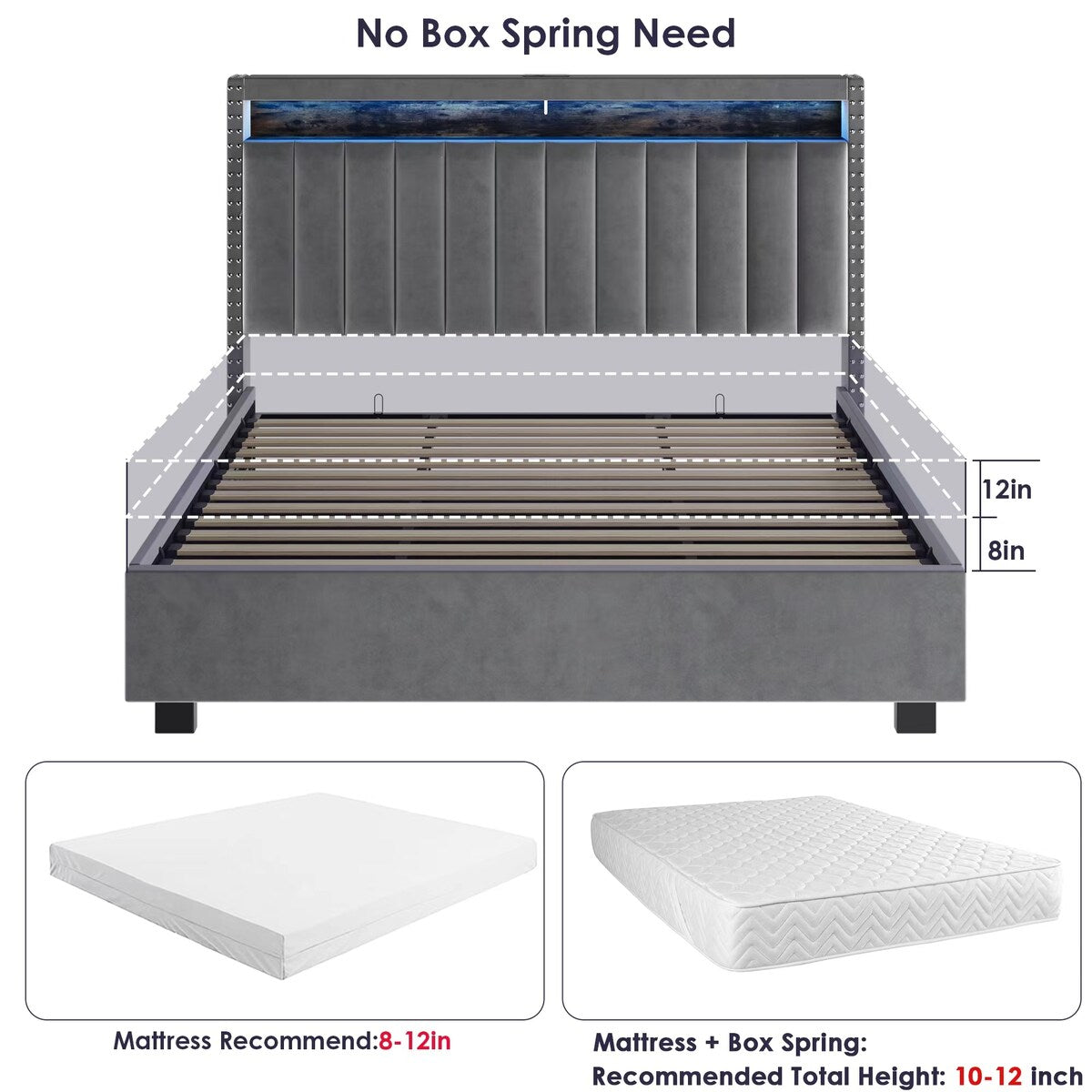 King Size Lift Storage Bed Platform Bed with LED Lights,Storage Headboard