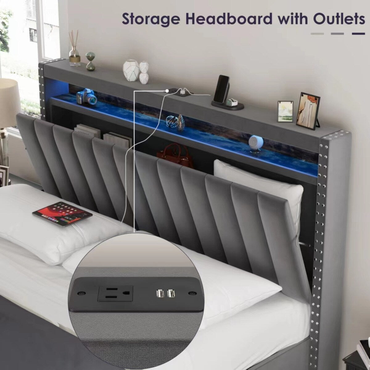 King Size Lift Storage Bed Platform Bed with LED Lights,Storage Headboard