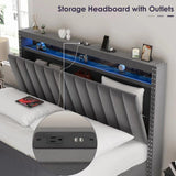 King Size Lift Storage Bed Platform Bed with LED Lights,Storage Headboard