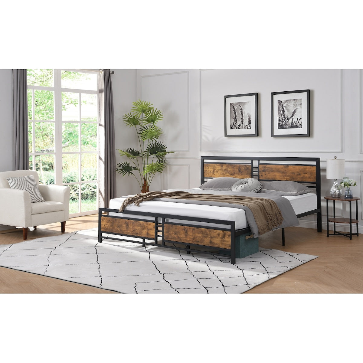 King Size Metal Platform Bed Frame with Wood Headboard and Footboard, Heavy Duty Mattress Foundation with Slat Support