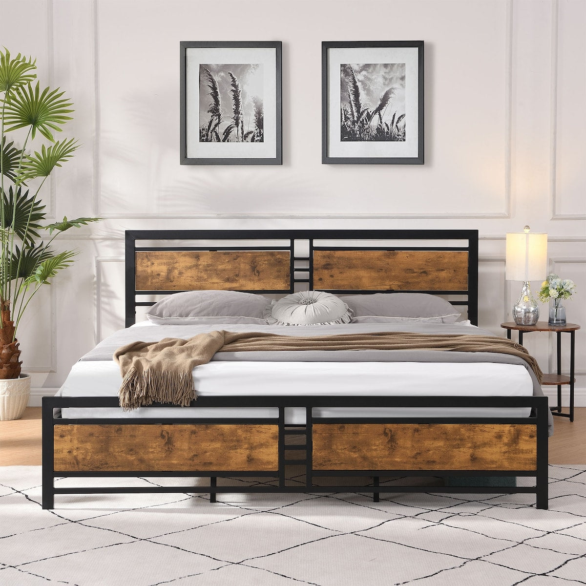 King Size Metal Platform Bed Frame with Wood Headboard and Footboard, Heavy Duty Mattress Foundation with Slat Support