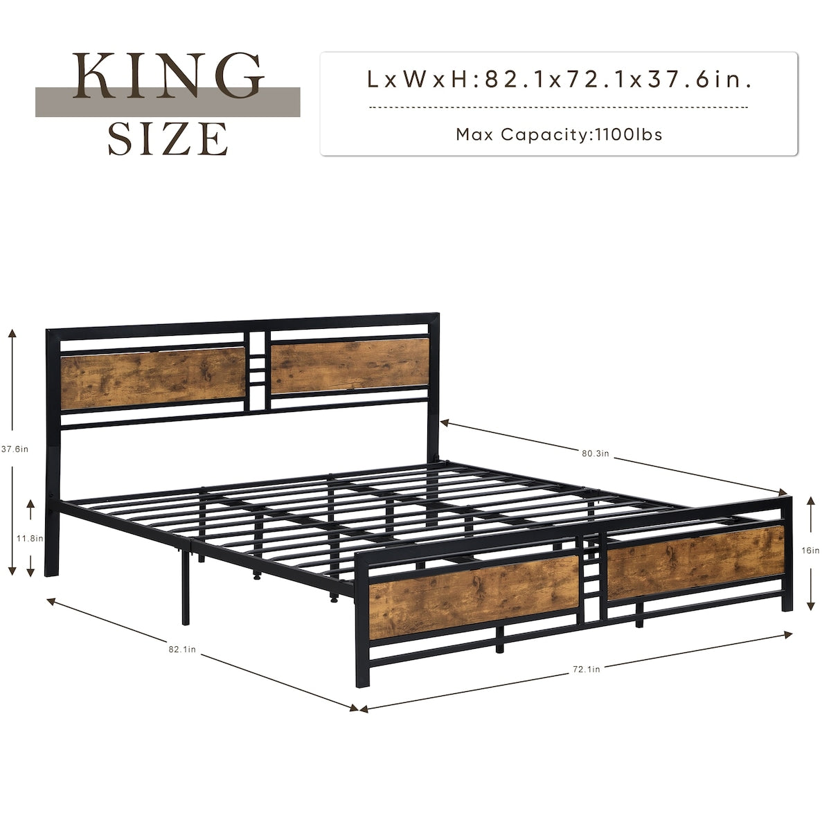 King Size Metal Platform Bed Frame with Wood Headboard and Footboard, Heavy Duty Mattress Foundation with Slat Support