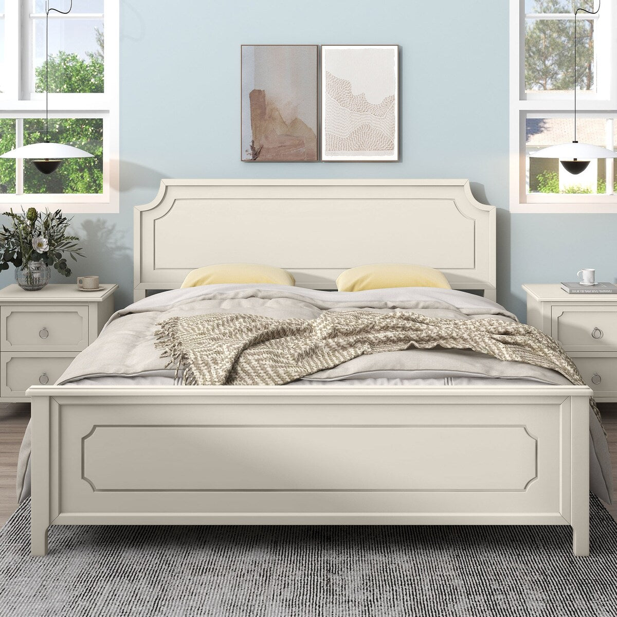 King Size Milky White Solid Rubber Wood Platform Bed with Wood Slat Support for Bedroom, No Box Spring Required, White
