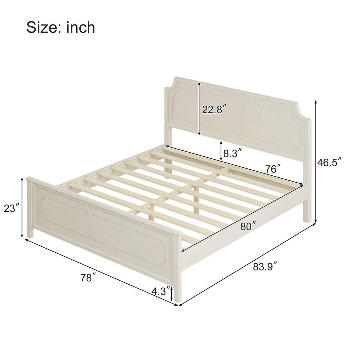 King Size Milky White Solid Rubber Wood Platform Bed with Wood Slat Support for Bedroom, No Box Spring Required, White