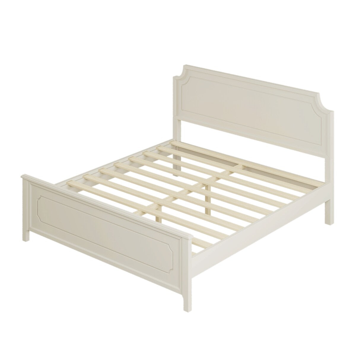 King Size Milky White Solid Rubber Wood Platform Bed with Wood Slat Support for Bedroom, No Box Spring Required, White