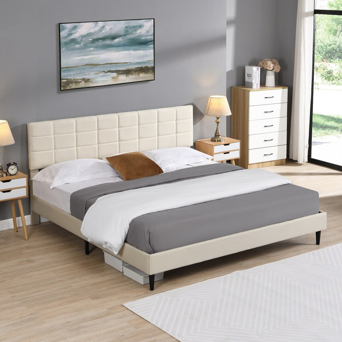 King Size Platform Bed Frame with Fabric Upholstered Headboard and Wooden Slats,No Box Spring Needed/Easy Assembly