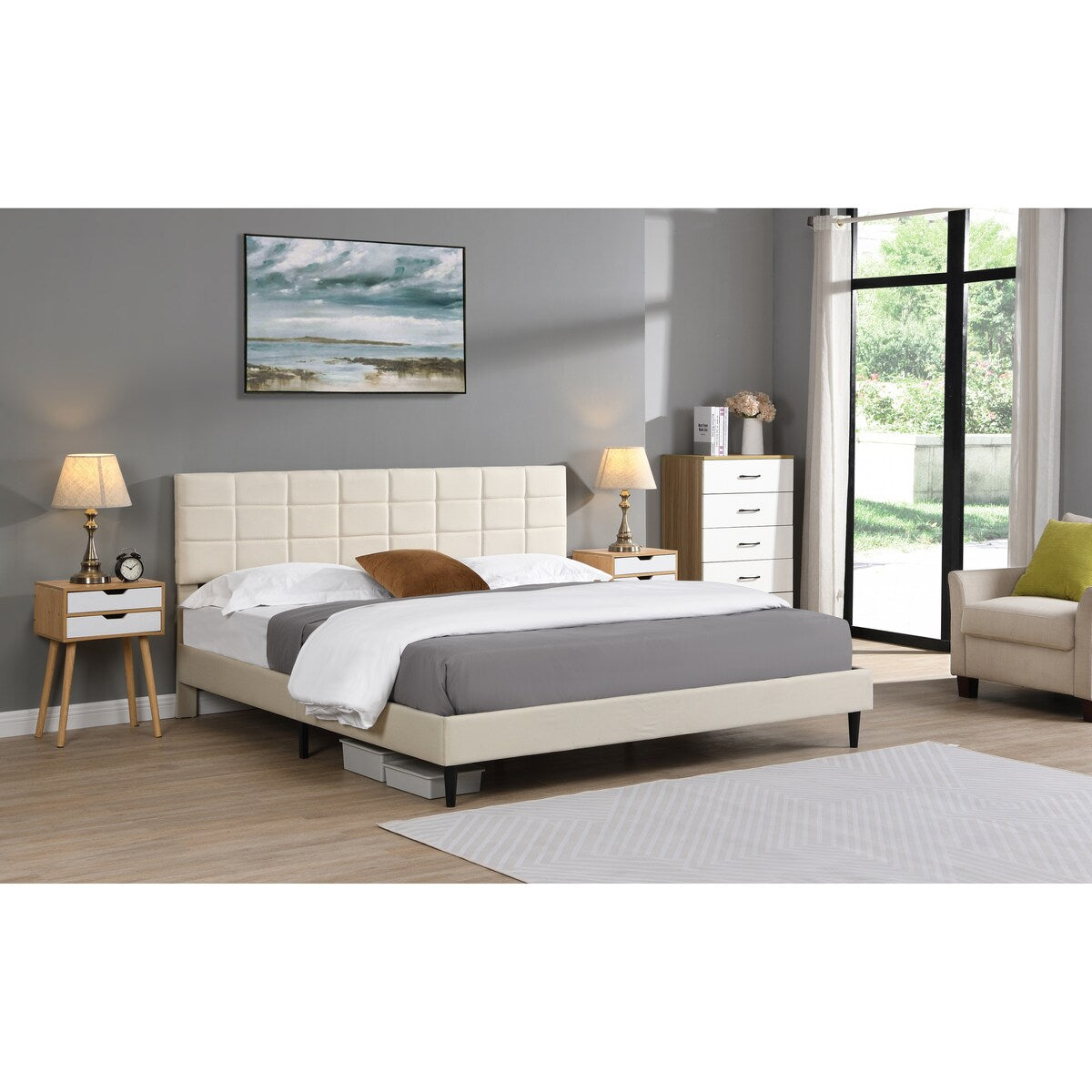 King Size Platform Bed Frame with Fabric Upholstered Headboard and Wooden Slats,No Box Spring Needed/Easy Assembly