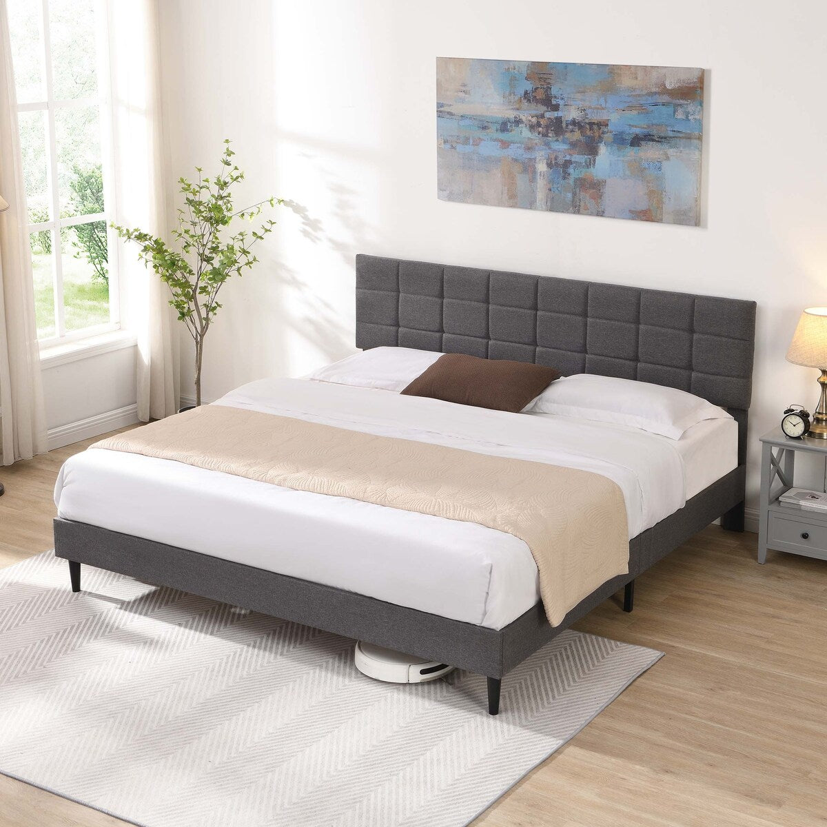 King Size Platform Bed Frame with Fabric Upholstered Headboard and Wooden Slats,No Box Spring Needed/Easy Assembly