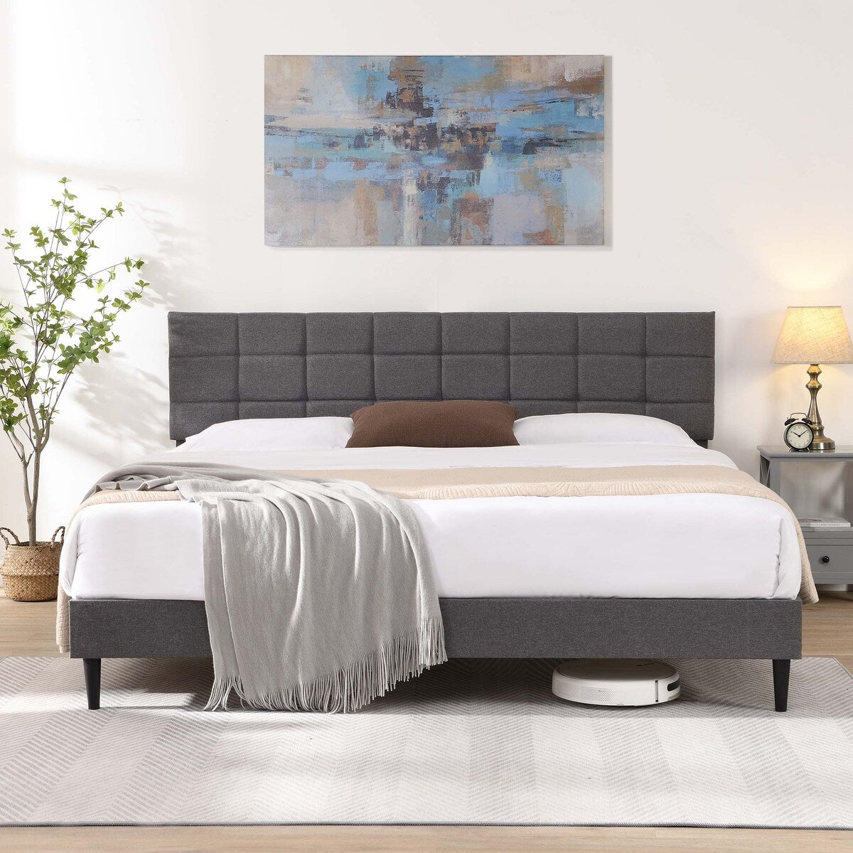 King Size Platform Bed Frame with Fabric Upholstered Headboard and Wooden Slats,No Box Spring Needed/Easy Assembly