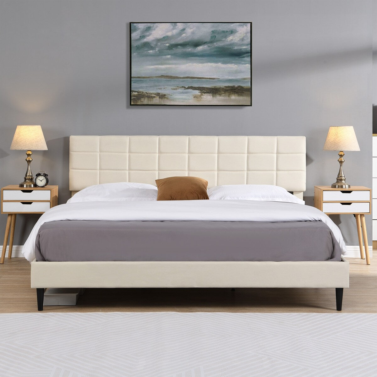 King Size Platform Bed Frame with Fabric Upholstered Headboard and Wooden Slats,No Box Spring Needed/Easy Assembly