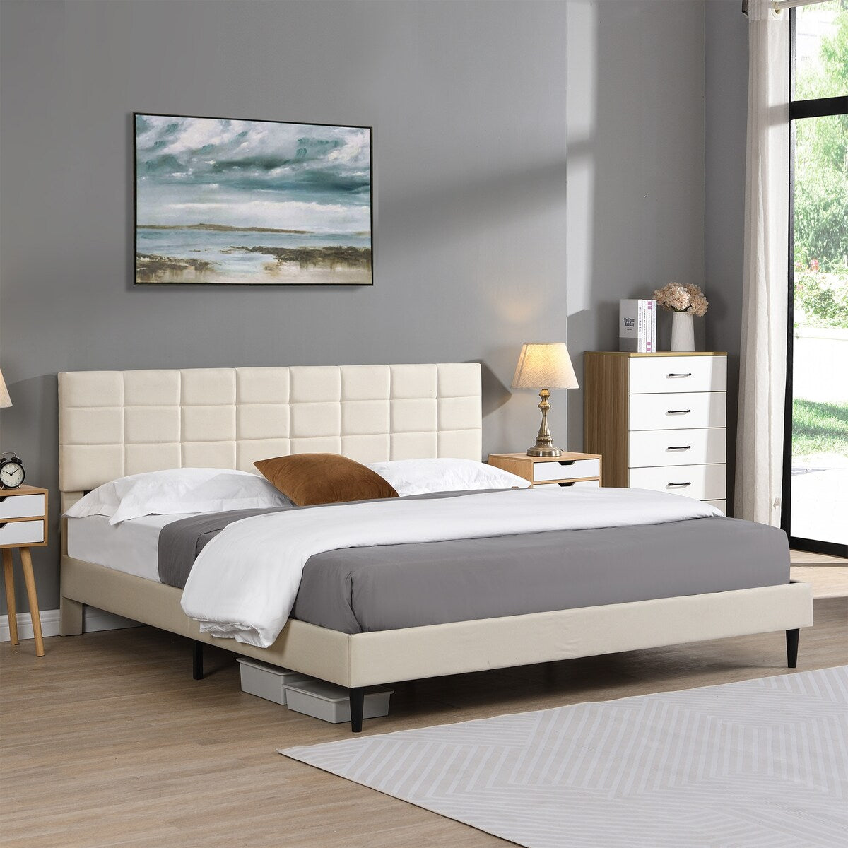 King Size Platform Bed Frame with Fabric Upholstered Headboard and Wooden Slats,No Box Spring Needed/Easy Assembly
