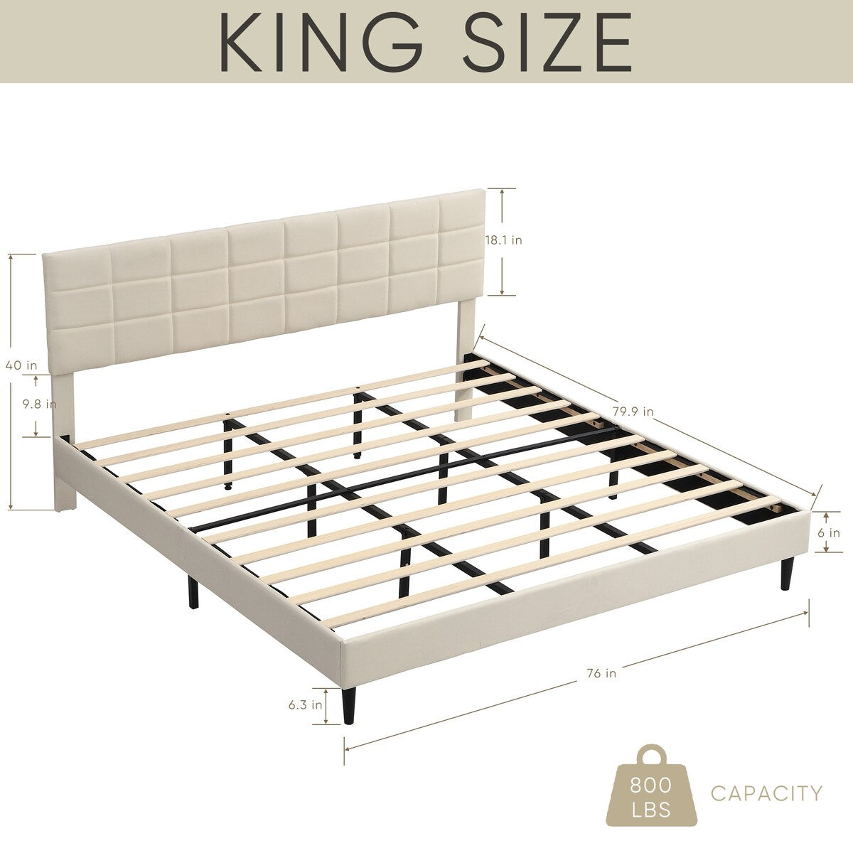King Size Platform Bed Frame with Fabric Upholstered Headboard and Wooden Slats,No Box Spring Needed/Easy Assembly
