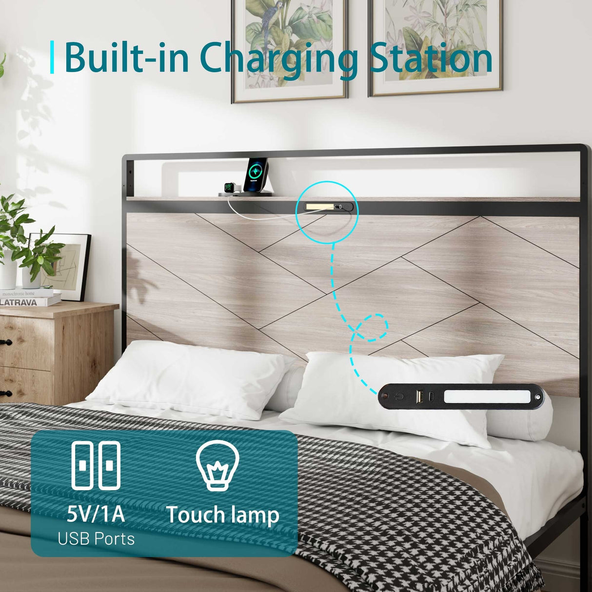 King Size Platform Bed with Built-In LED Touch Lights and USB/Type-C Charging Ports, Under-Bed Storage Space