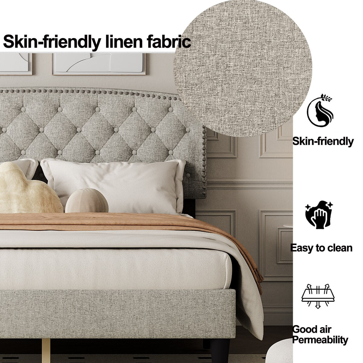 King Size Platform Bed with Button Tufting Adjustable Headboard