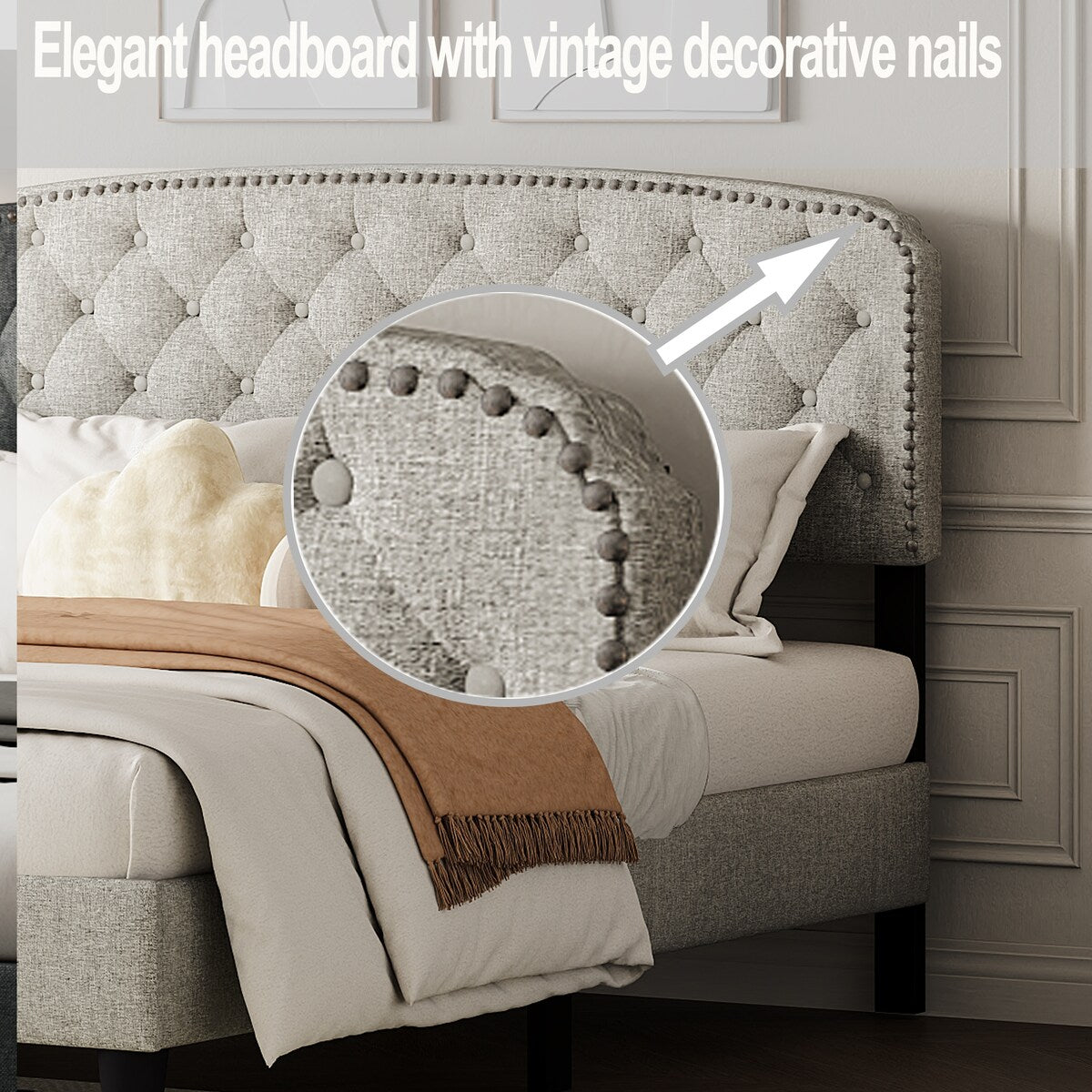 King Size Platform Bed with Button Tufting Adjustable Headboard