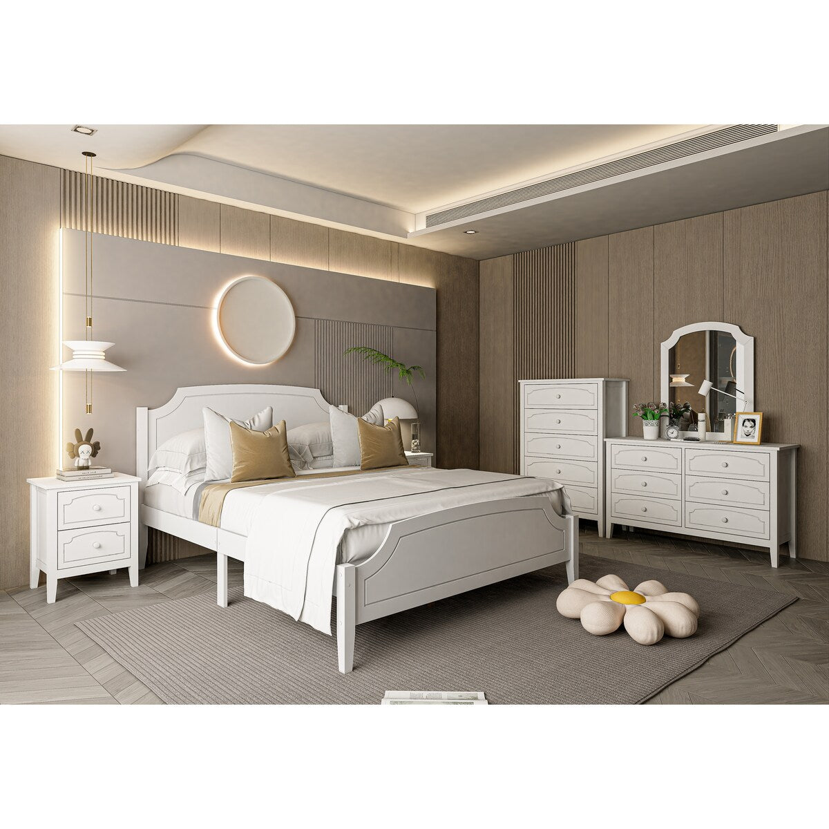 King Size White Contemporary Roman Style, Solid Wooden Bed