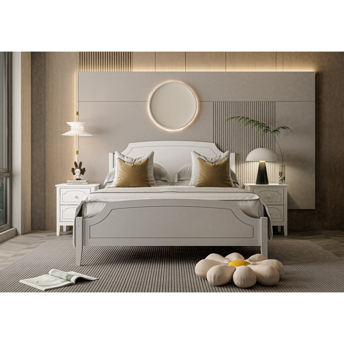 King Size White Contemporary Roman Style, Solid Wooden Bed